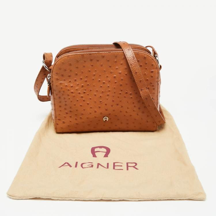 Pre Owned Aigner Tan Ostrich Embossed Leather Double Zip Crossbody Bag