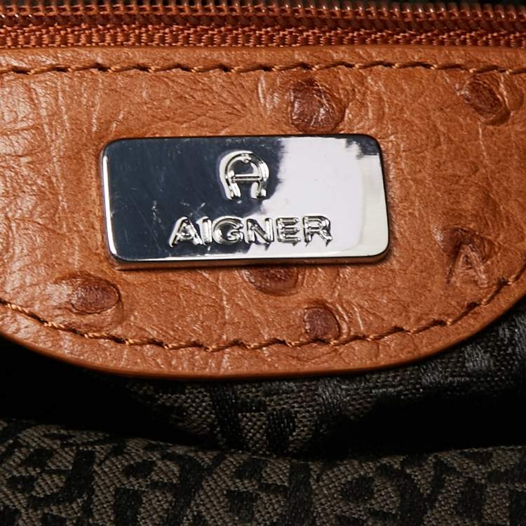 Pre Owned Aigner Tan Ostrich Embossed Leather Double Zip Crossbody Bag