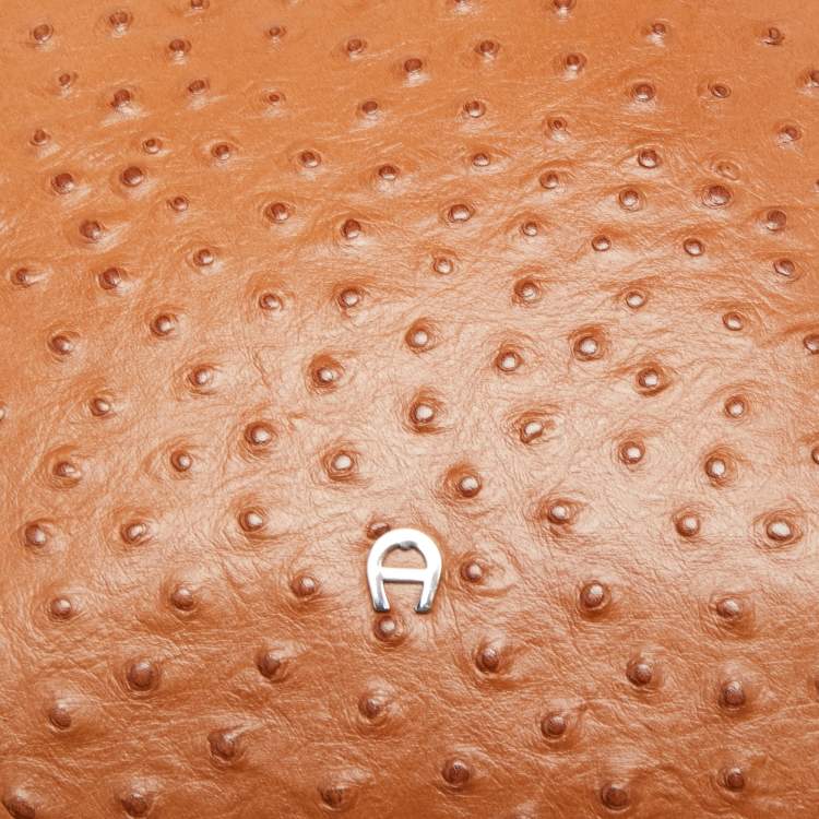 Pre Owned Aigner Tan Ostrich Embossed Leather Double Zip Crossbody Bag