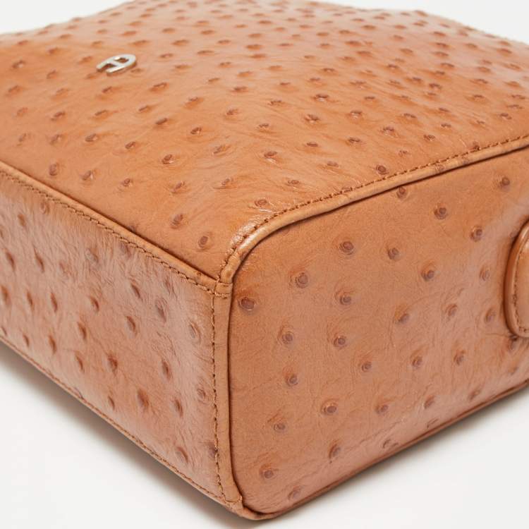 Pre Owned Aigner Tan Ostrich Embossed Leather Double Zip Crossbody Bag