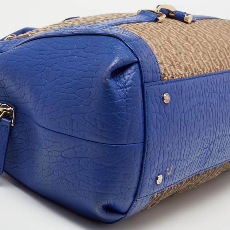 Pre Owned Aigner Blue/Beige Signature Canvas And Leather Satchel