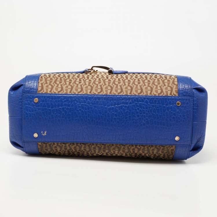 Pre Owned Aigner Blue/Beige Signature Canvas And Leather Satchel