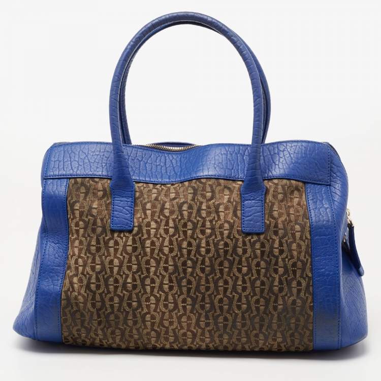 Pre Owned Aigner Blue/Beige Signature Canvas And Leather Satchel