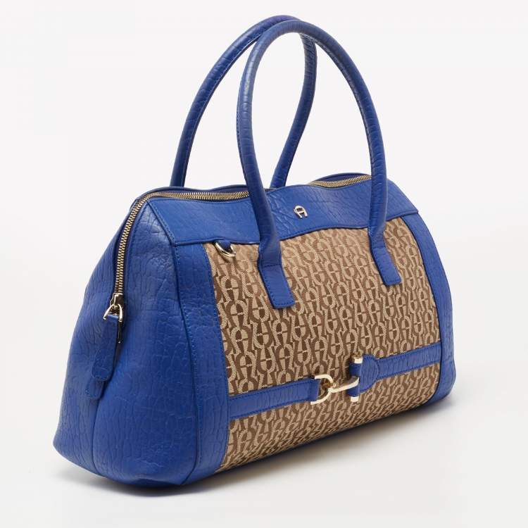 Pre Owned Aigner Blue/Beige Signature Canvas And Leather Satchel
