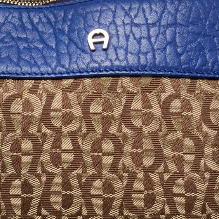 Pre Owned Aigner Blue/Beige Signature Canvas And Leather Satchel