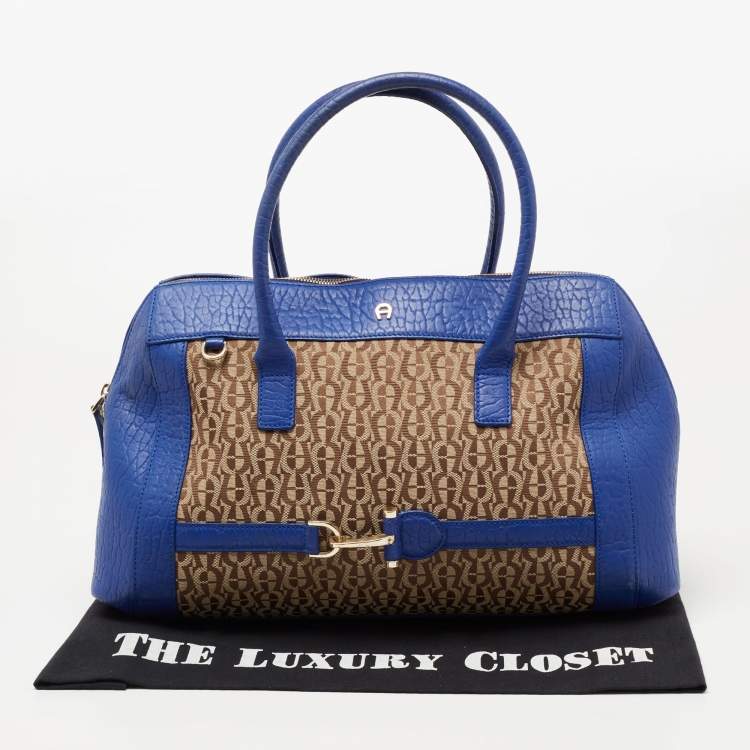 Pre Owned Aigner Blue/Beige Signature Canvas And Leather Satchel