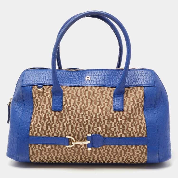 Pre Owned Aigner Blue/Beige Signature Canvas And Leather Satchel
