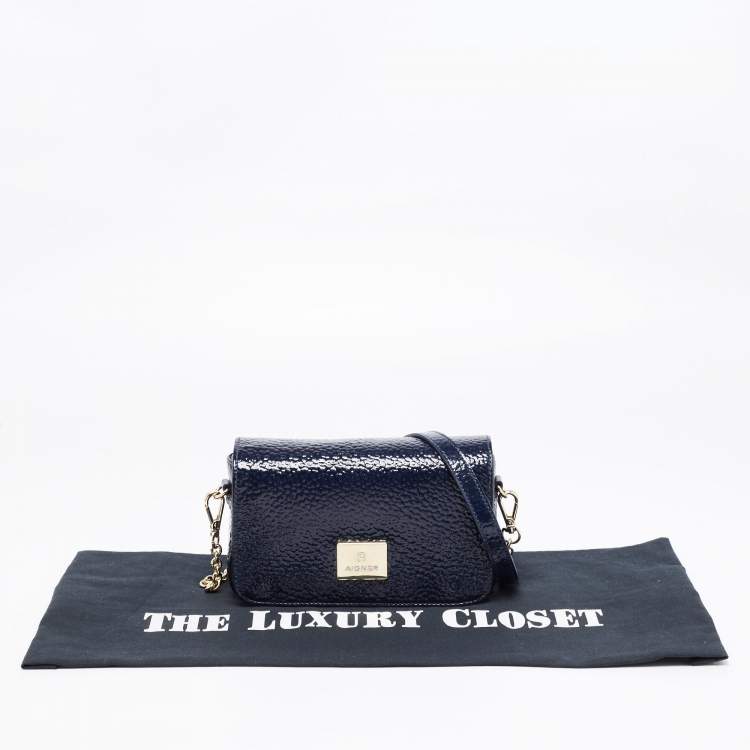 Pre Owned Aigner Navy Blue Patent Leather Flap Crossbody Bag