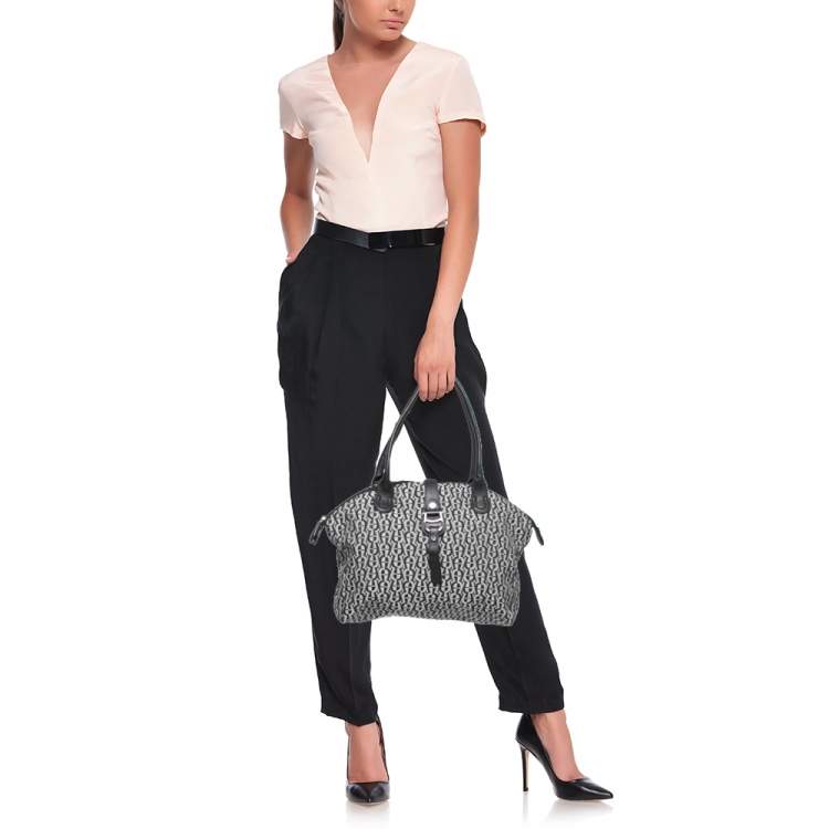 Pre Owned Aigner Black/Grey Signature Canvas And Leather Top Zip Satchel