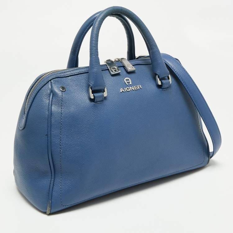 Pre Owned Aigner Blue Leather Zip Satchel