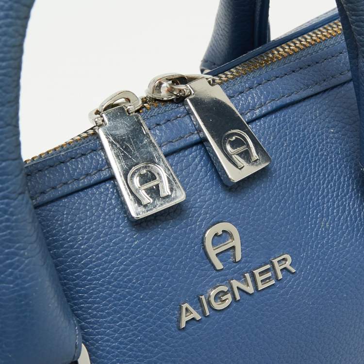 Pre Owned Aigner Blue Leather Zip Satchel