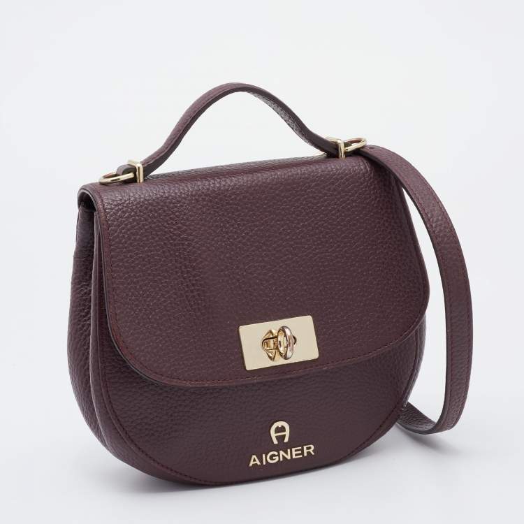 Pre Owned Aigner Burgundy Leather Turnlock Flap Crossbody Bag