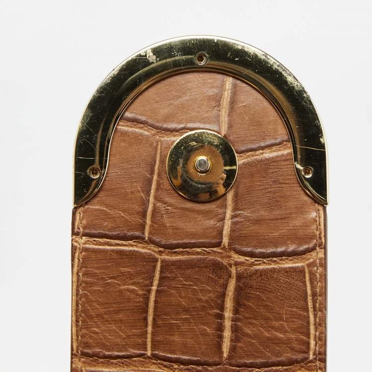 Pre Owned Aigner Brown Croc Embossed Leather Flap Frame Satchel