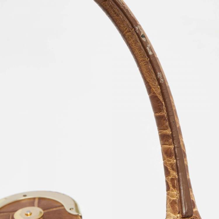 Pre Owned Aigner Brown Croc Embossed Leather Flap Frame Satchel