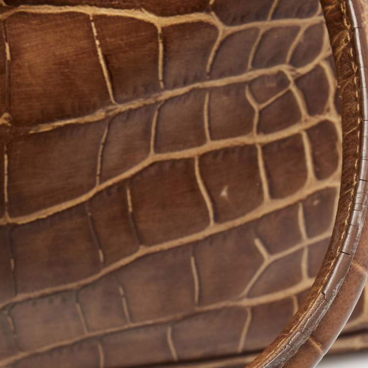 Pre Owned Aigner Brown Croc Embossed Leather Flap Frame Satchel