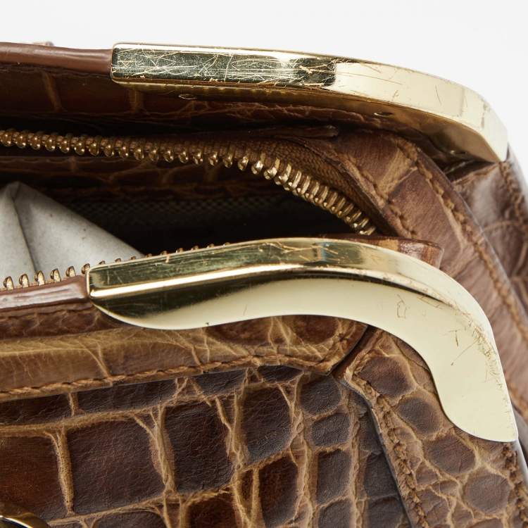 Pre Owned Aigner Brown Croc Embossed Leather Flap Frame Satchel