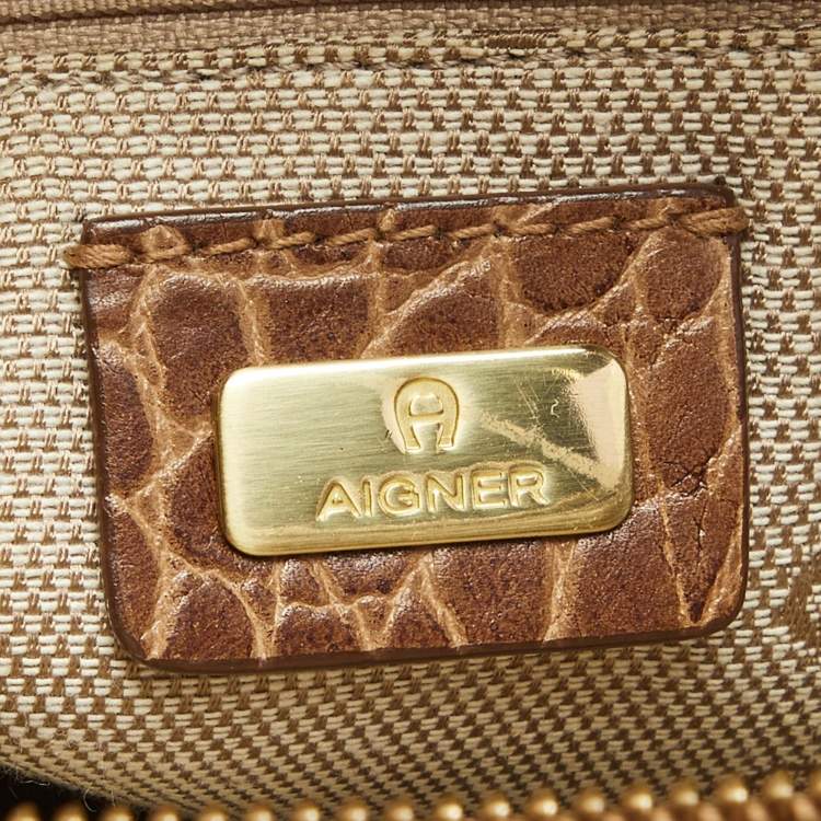 Pre Owned Aigner Brown Croc Embossed Leather Flap Frame Satchel