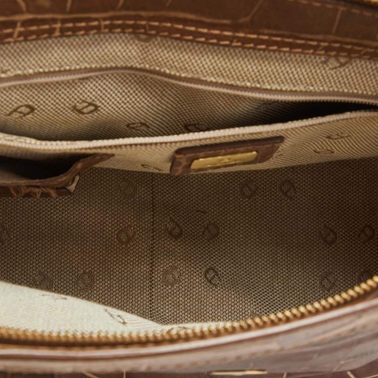 Pre Owned Aigner Brown Croc Embossed Leather Flap Frame Satchel