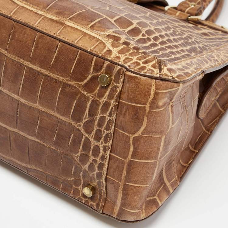 Pre Owned Aigner Brown Croc Embossed Leather Flap Frame Satchel