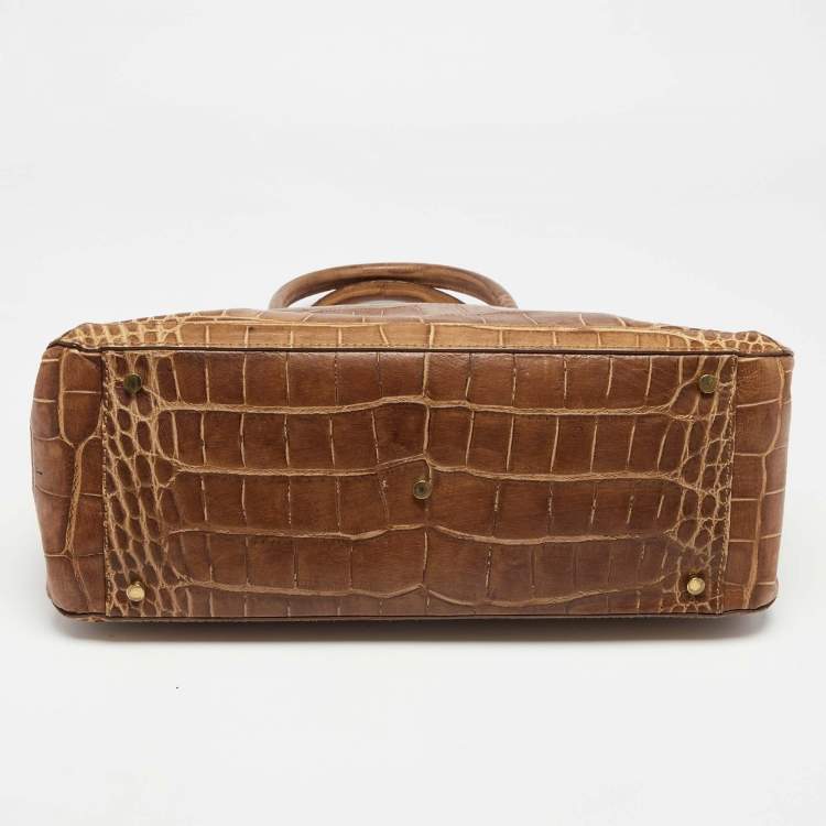 Pre Owned Aigner Brown Croc Embossed Leather Flap Frame Satchel