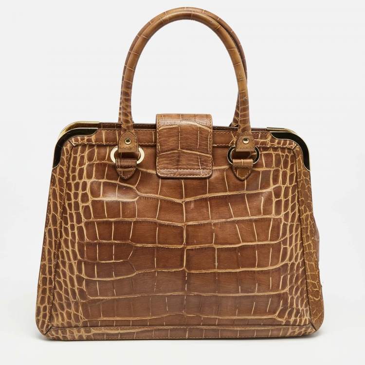 Pre Owned Aigner Brown Croc Embossed Leather Flap Frame Satchel