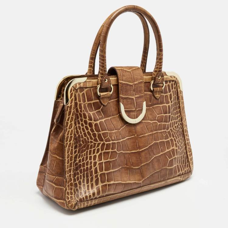 Pre Owned Aigner Brown Croc Embossed Leather Flap Frame Satchel