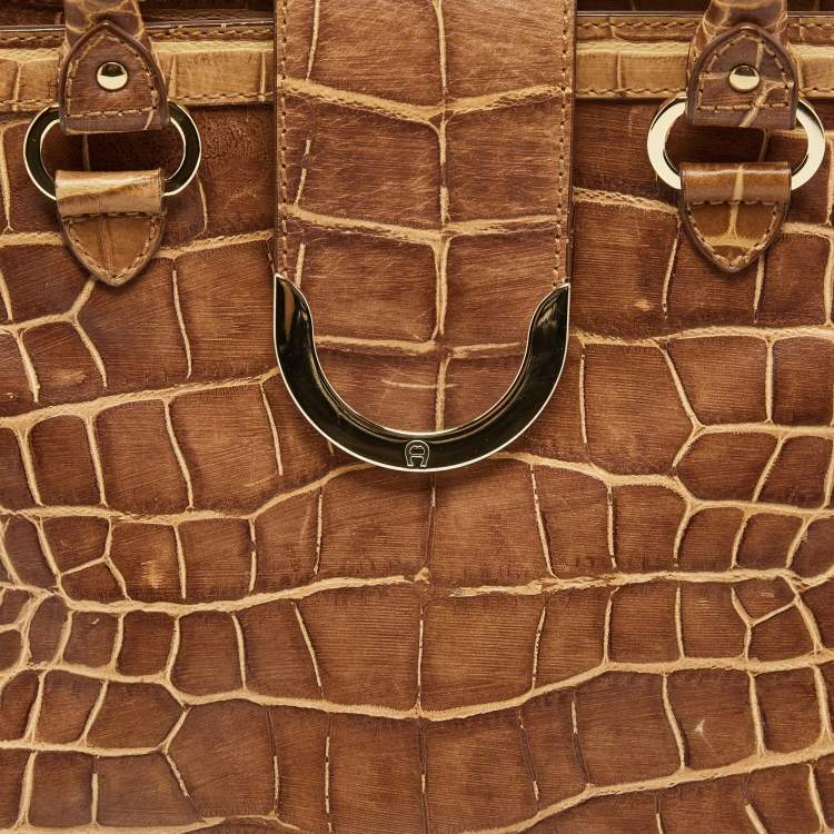 Pre Owned Aigner Brown Croc Embossed Leather Flap Frame Satchel