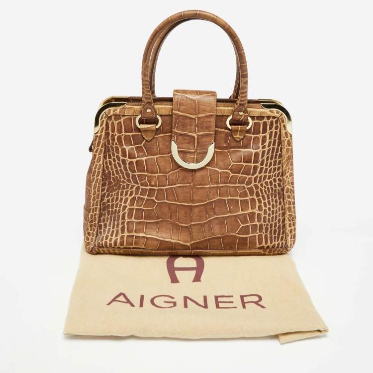 Pre Owned Aigner Brown Croc Embossed Leather Flap Frame Satchel