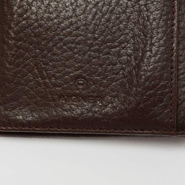 Pre Owned Aigner Brown Leather Logo Flap Trifold Wallet