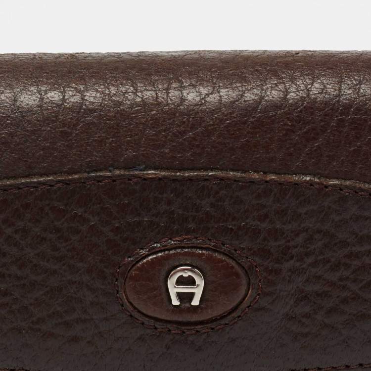 Pre Owned Aigner Brown Leather Logo Flap Trifold Wallet