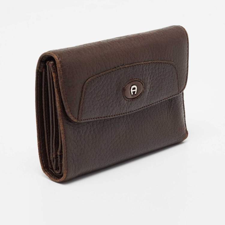 Pre Owned Aigner Brown Leather Logo Flap Trifold Wallet