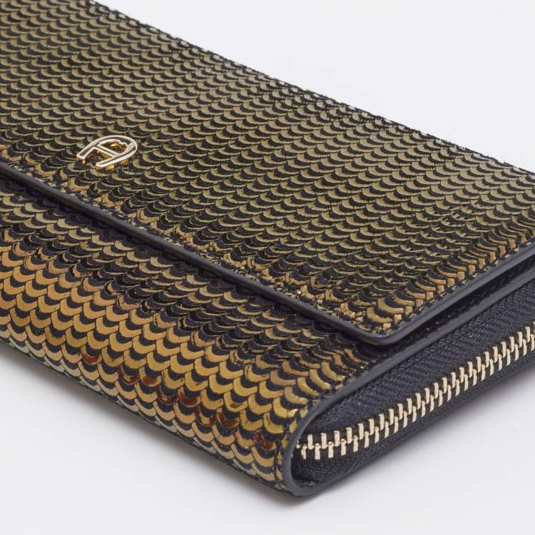Pre Owned Aigner Olive Green Foil Leather Continental Wallet