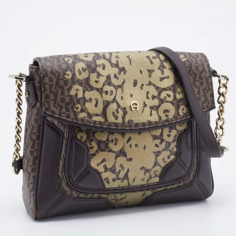Pre Owned Aigner Brown/Beige Coated Canvas and Leather Shoulder Bag