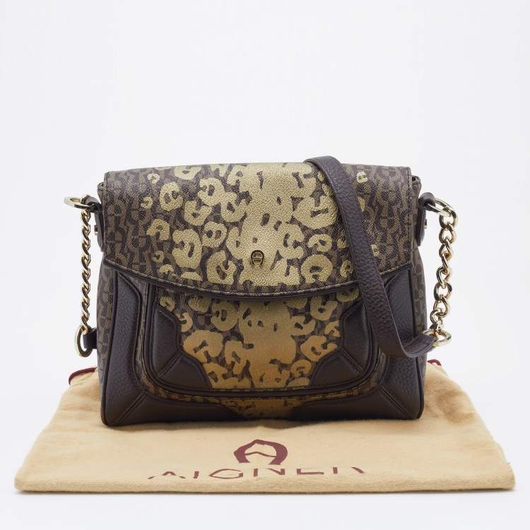 Pre Owned Aigner Brown/Beige Coated Canvas and Leather Shoulder Bag