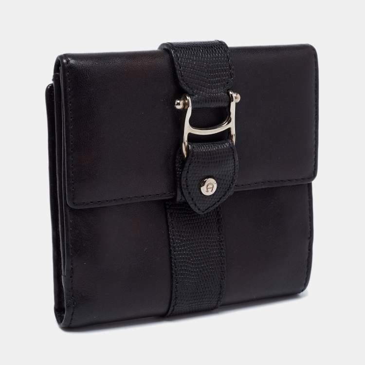 Pre Owned Aigner Black Leather Trifold Compact Wallet