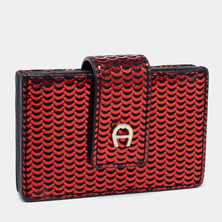 Pre Owned Aigner Red Embossed Leather Compact Wallet