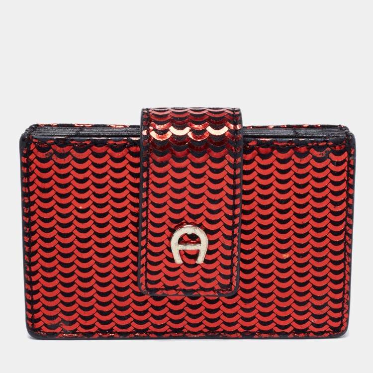 Pre Owned Aigner Red Embossed Leather Compact Wallet