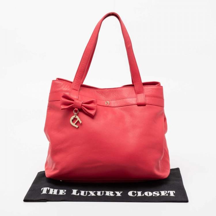 Pre Owned Aigner Rose Red Leather Bow Tote