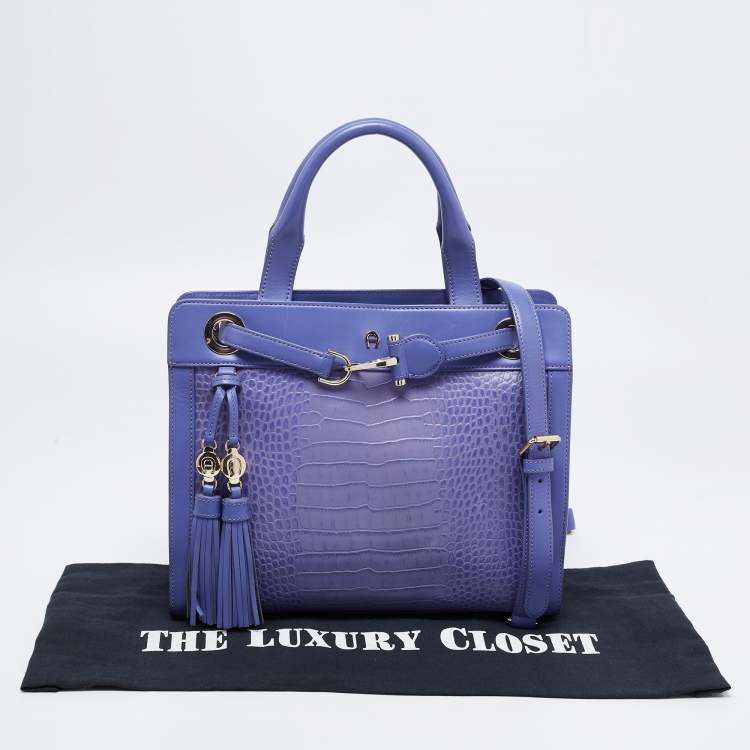 Pre Owned Aigner Purple Croc Embossed Leather Cavallina Tote