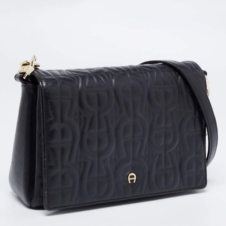 مملوكة مسبقًا Aigner Black Logo Embossed Leather Flap Crossbody Bag