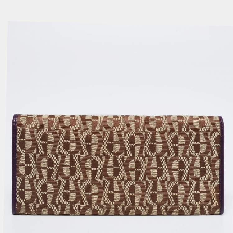 Pre Owned Aigner Beige/Purple Signature Canvas and Leather Flap Continental Wallet