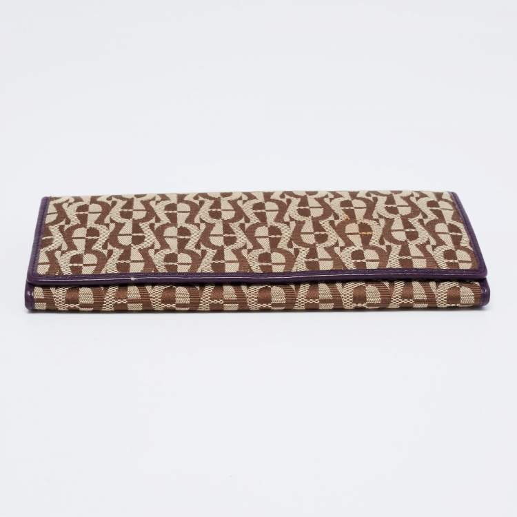 Pre Owned Aigner Beige/Purple Signature Canvas and Leather Flap Continental Wallet