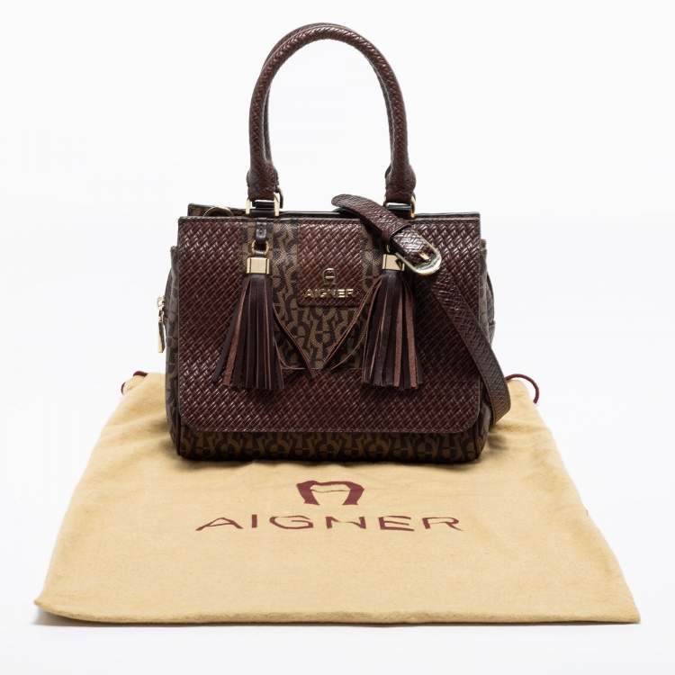 Pre Owned Aigner Brown Signature Coated Canvas and Leather Tassel Satchel