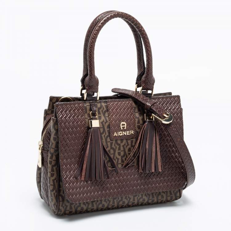 Pre Owned Aigner Brown Signature Coated Canvas and Leather Tassel Satchel