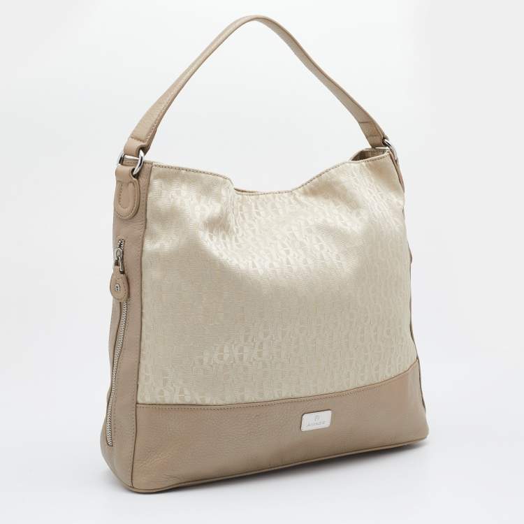 Pre Owned Aigner Metallic Beige Canvas and Leather Shoulder Bag