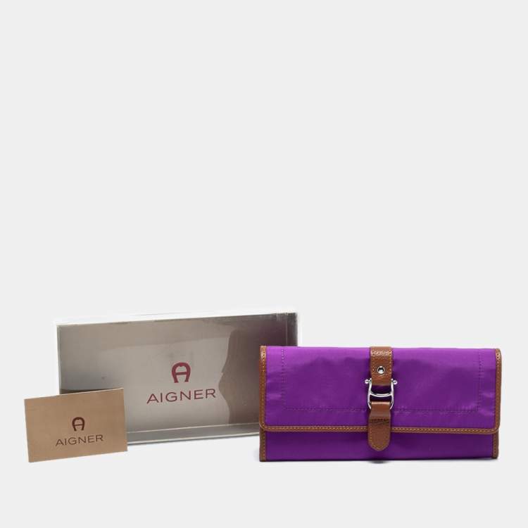 Pre Owned Aigner Purple/Brown Nylon and Leather Flap Continental Wallet