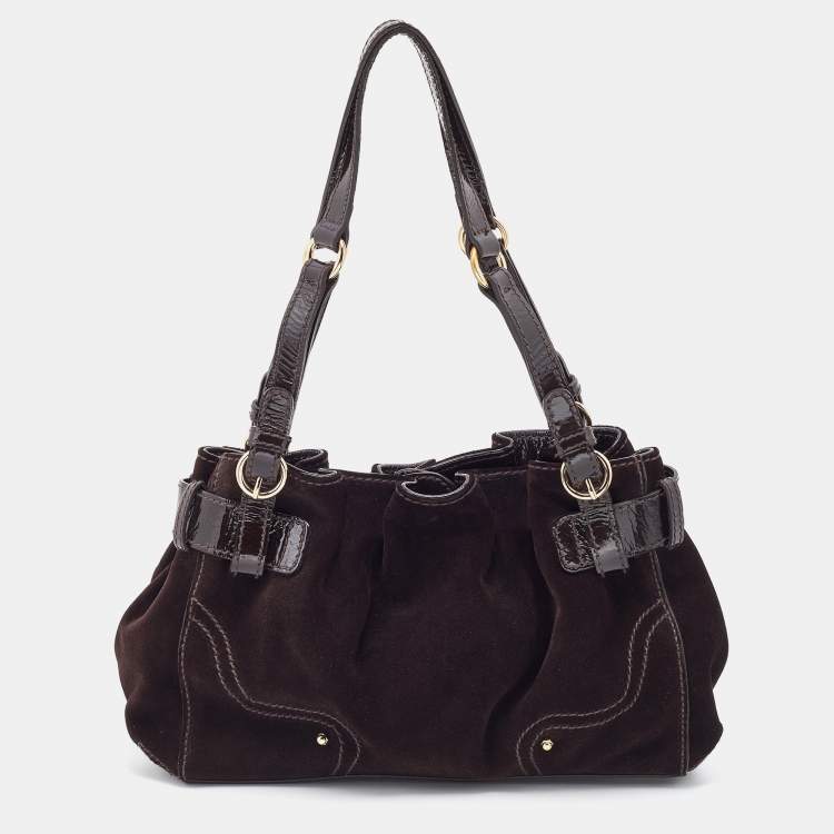 Pre Owned Aigner Brown Suede and Patent Leather Buckle Satchel