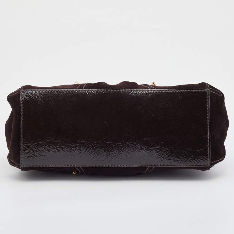 Pre Owned Aigner Brown Suede and Patent Leather Buckle Satchel