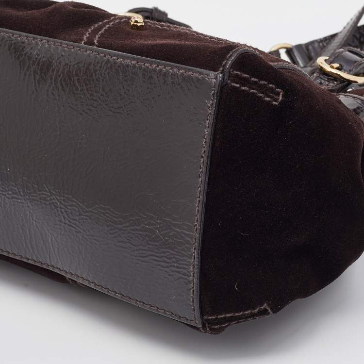 Pre Owned Aigner Brown Suede and Patent Leather Buckle Satchel