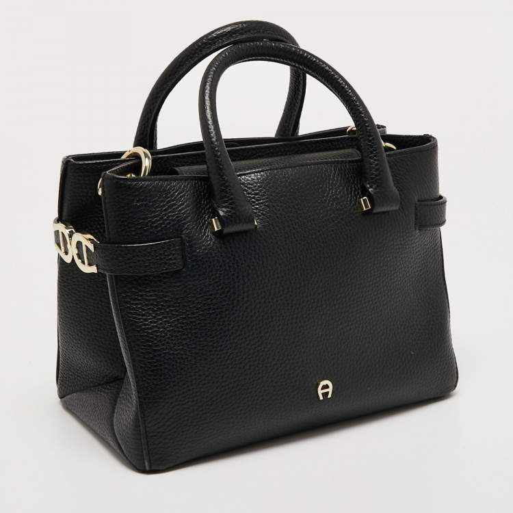 Pre Owned Aigner Black Leather Zip Satchel